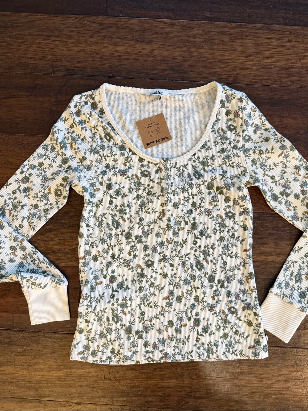 Eddie Bauer Women’s Thermal Ribbed Ivory Floral Henley Size PXS NWT